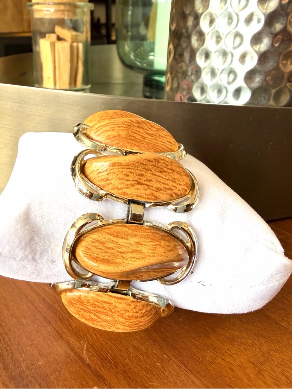 Vintage Silver and Faux Wood Link Bracelet - Picture 5 of 8